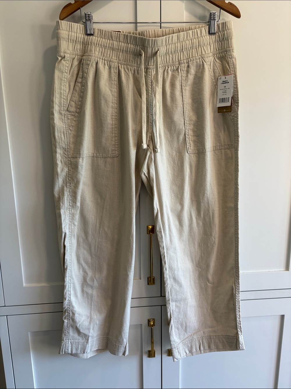 NWT Denver Hayes Stone Beige Drawstring High rise Casual Pants Cropped Size 10
